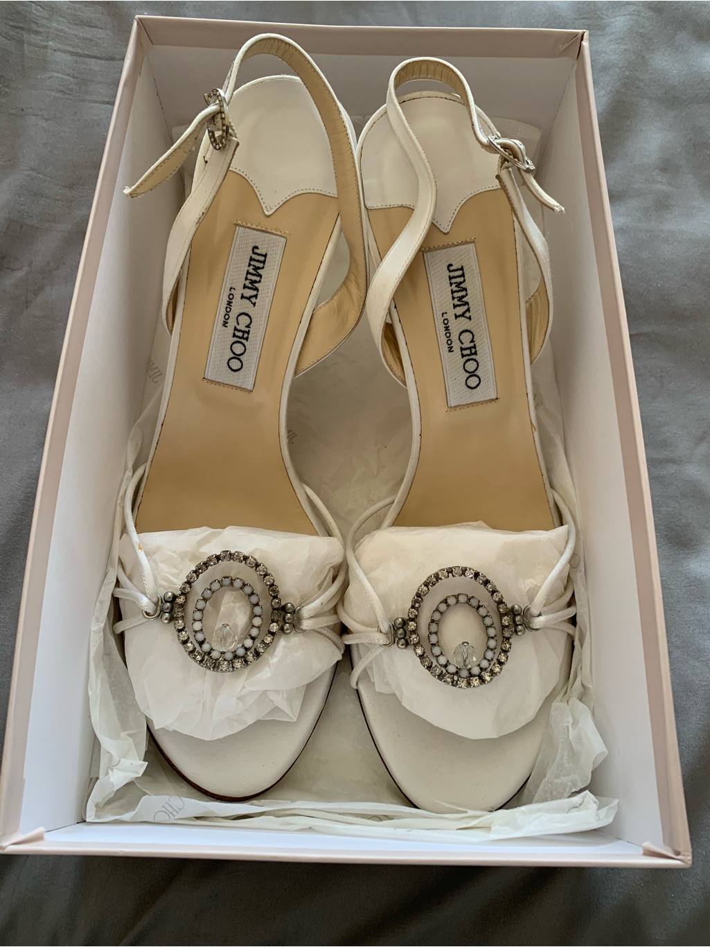 Jimmy Choo White Crystal-Embellished Slingback Heels